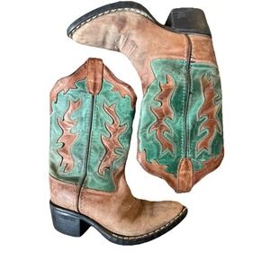 Old West Kids 10.5 Western Cowboy Boots Brown Green Leather Youth Pull On‎